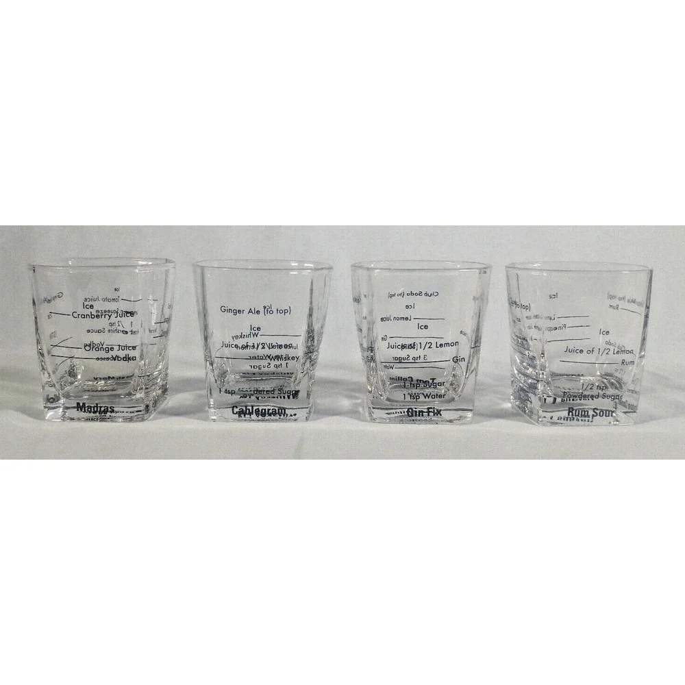 Set of 4 Kikkerland Rocks Glasses Cocktail Recipes Rum Whiskey Gin Vodka